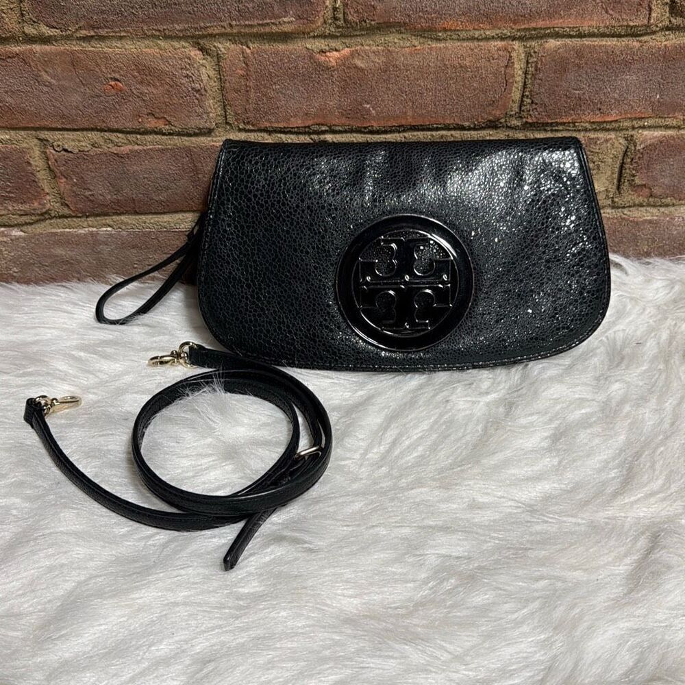 Tory Burch Reva Black Pebbled iridescent Clutch Crossbody Bag